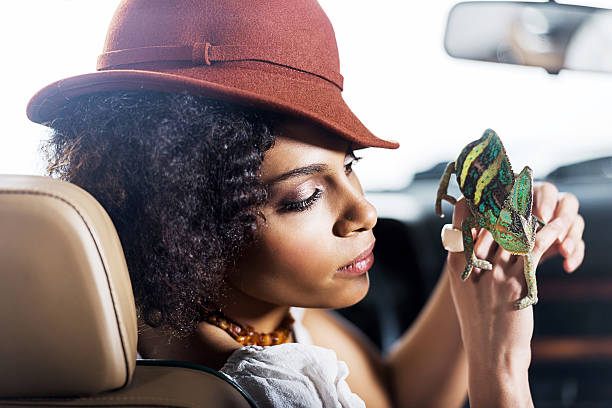 Young African American woman holding a chameleon. She is sitting inside of a car.   