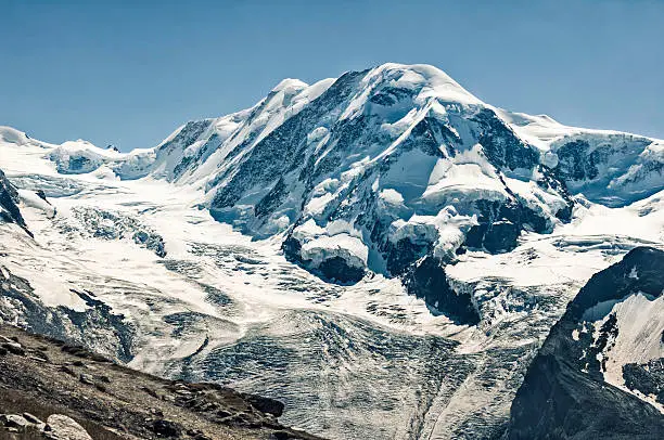 Image of North and North-West face of Liskamm (Lyskamm) 4527m. Prominent glacier is Grenzgletscher (at the higher point) and Gornergletscher at the lower end.