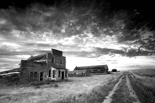 Prairie Ghost Town in Black and White Prairie Ghost Town in Black and White ghost town stock pictures, royalty-free photos & images