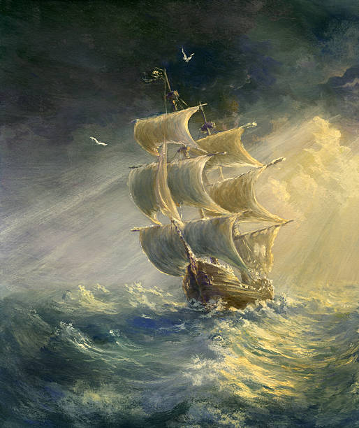 illustrazioni stock, clip art, cartoni animati e icone di tendenza di stormy mare - storm sailing ship sea shipwreck