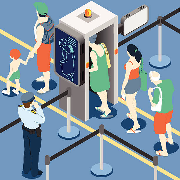 isometric kolejki na zabezpieczenie checkpoint maszyny - airport isometric airport security x ray stock illustrations