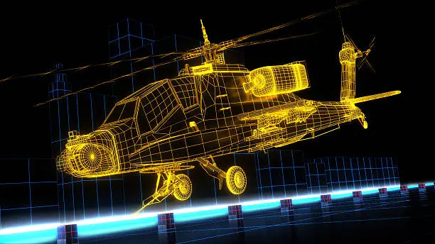 The image shows a futuristic wire frame Apache helicopter.