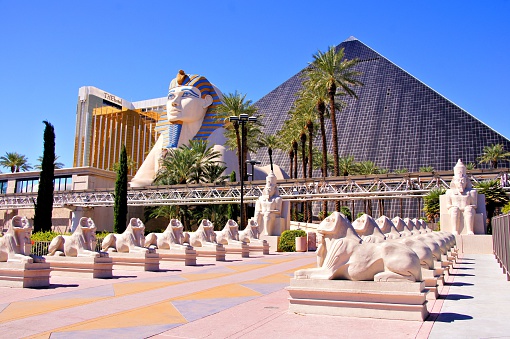 Las Vegas, Nevada, United States - Sept 28, 2013: Luxor Hotel and Casino in Las Vegas, Nevada as seen on Sept 28, 2013. The Fountains of Bellagio is a, choreographed water feature with performances set to music and performed daily. 