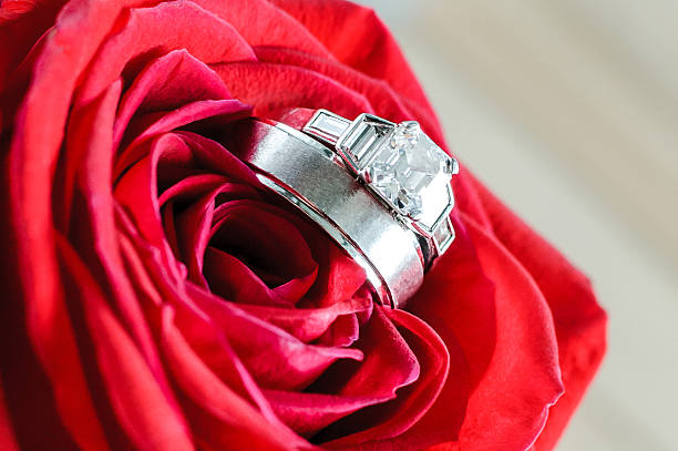 istock Engagement Ring and Wedding Band Tucked into a Rose 471920615
