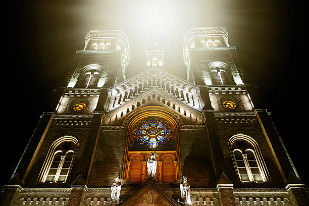Mystical light at the Roman-Catholic Cathedral Millenium located in Traian Square, Timisoara, Romania.