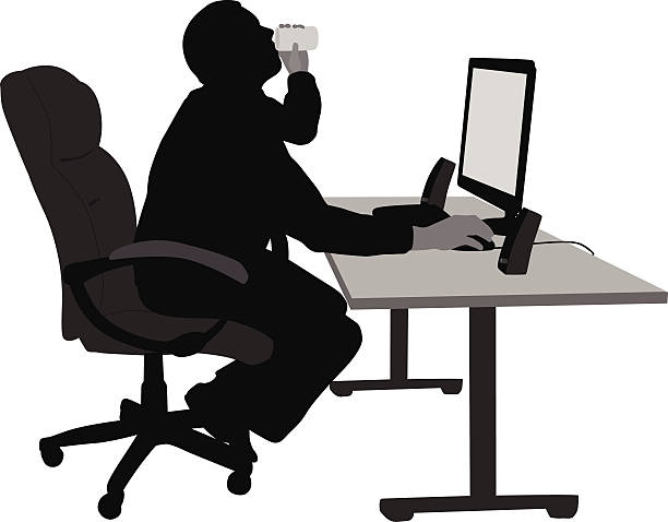 GamerDrinking A silhouette vector illustration of a young man sitting at his computer desk taking a sip from a cup.  On his desk are two speakers and a comnputer montior; his hand is on the mouse. working at home study desk silhouette stock illustrations