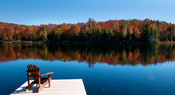 dock in legno sul lago d'autunno - adirondack chair foto e immagini stock