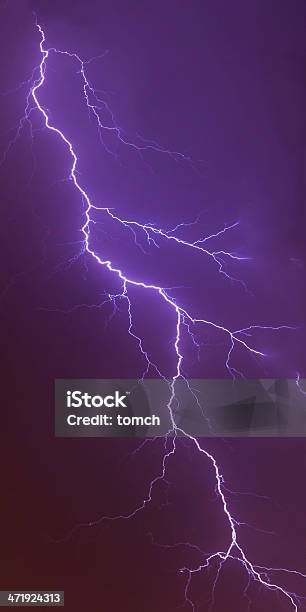 Night Lightning Bolt Strike Stock Photo - Download Image Now - Atmospheric Mood, Awe, Bizarre