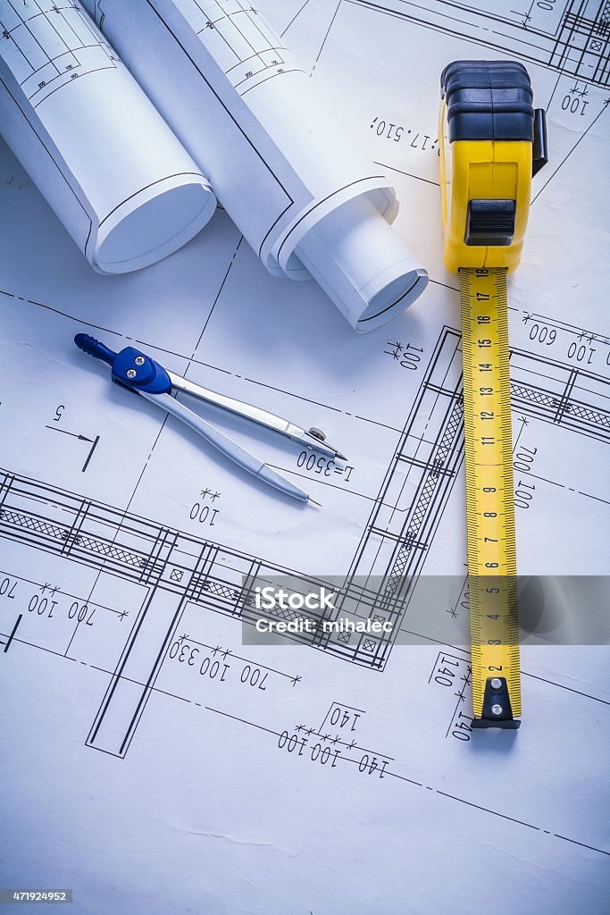 compass tapeline blueprints compass tapeline blueprints  close up 2015 Stock Photo