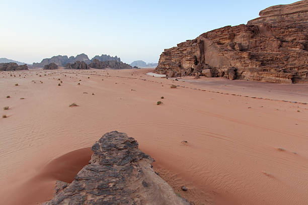 sonnenuntergang in der wüste wadi rum, jordanien - jordan camel wadi rum arabia stock-fotos und bilder