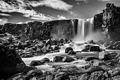 Oxararfoss waterfall in Iceland in black and white