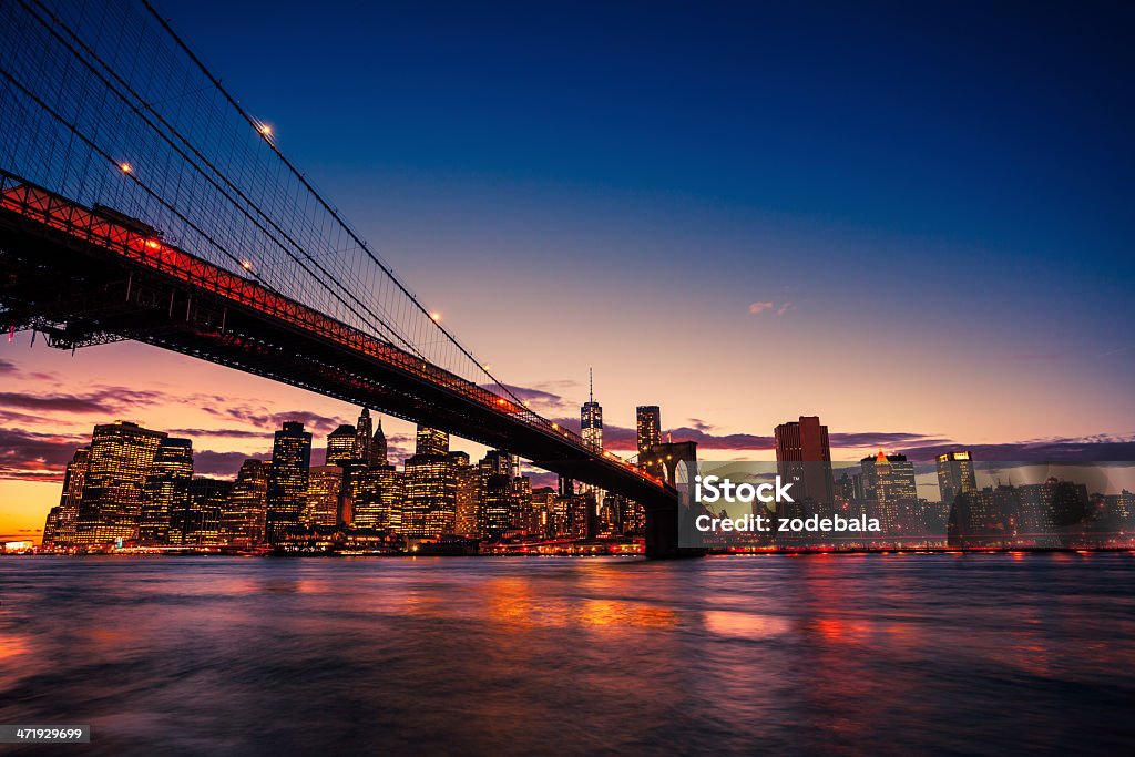 Brooklyn Bridge and Manhattan skyline at sunset Manhattan skyline at sunset Architecture Stock Photo