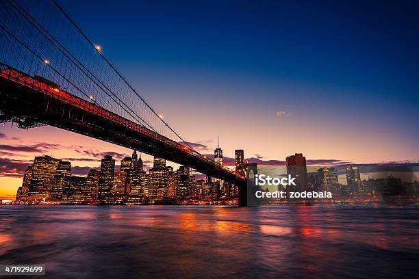 Brooklyn Bridge And Manhattan Skyline At Sunset Stock Photo - Download Image Now - Architecture, Blue, Bridge - Built Structure