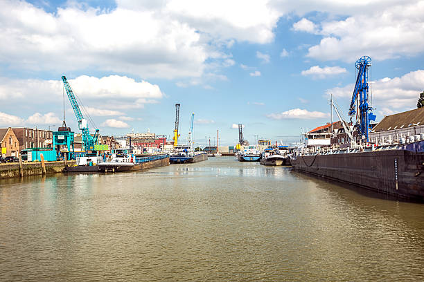 Industrial harbor with ships in Rotterdam