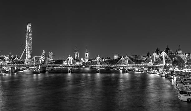 London city skyline at night in black and white stock photo