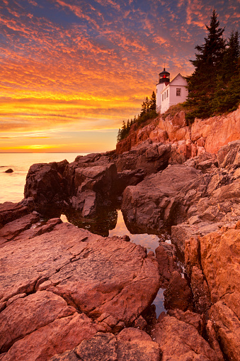 The Bass Harbor Head Lighthouse in Acadia National Park, Maine, USA. Photographed during a spectacular sunset.