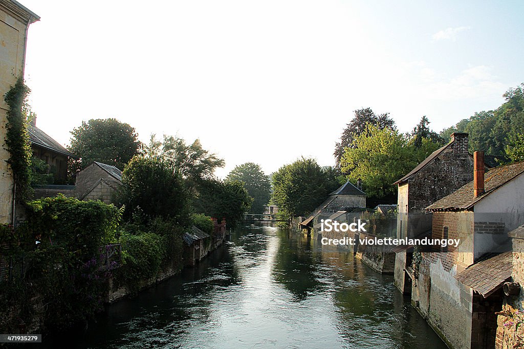 The Charter Colour photograph of old traditional French river side houses in La Chartre-sur-le-Loir, in north-western France.  Non-Urban Scene Stock Photo