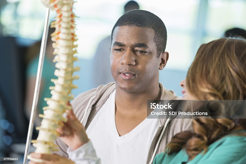 Doctor or physical therapist explaining spinal injury to patient Adult Stock Photo