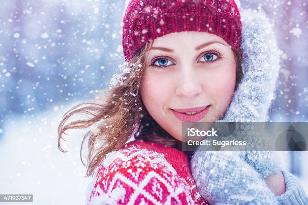 Beautiful Woman Enjoying Winter Stock Photo - Download Image Now - Human Hair, Snowflake Shape, Adult