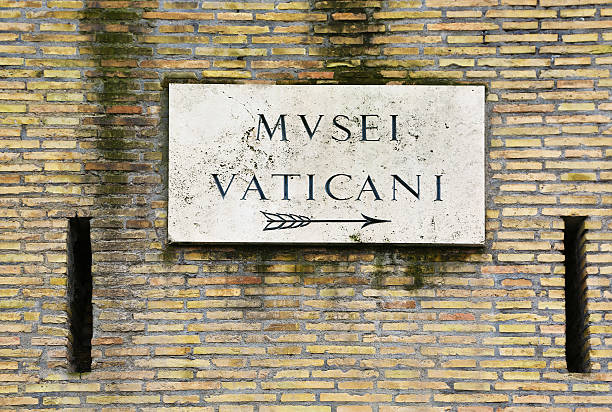 Old sign indicating direction to Vatican Museums, Rome stock photo