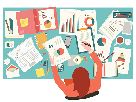 Very busy businesswoman working with paperwork on her desk at office. Flat design. Top view.