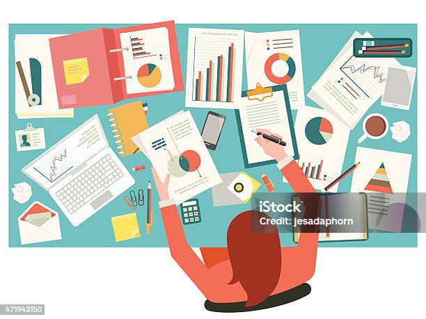 A Cluttered Desk Of A Very Busy Businesswoman Stock Illustration - Download Image Now - Desk, Messy, Data
