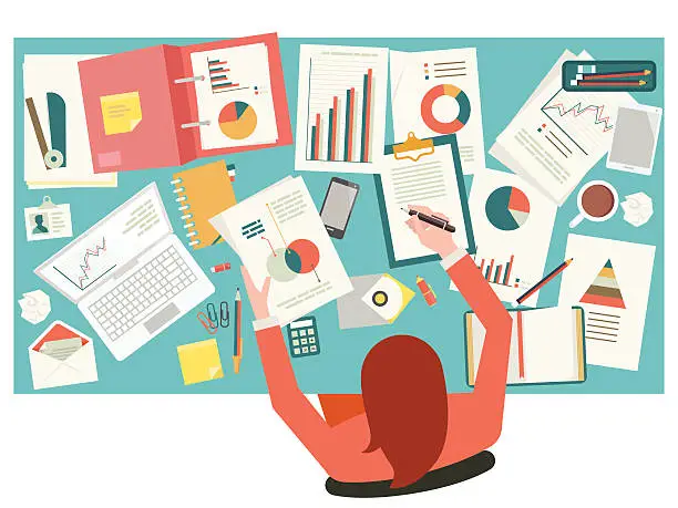 Vector illustration of A cluttered desk of a very busy businesswoman 