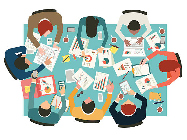 ilustrações de stock, clip art, desenhos animados e ícones de reunião de negócios - business meeting teamwork business team