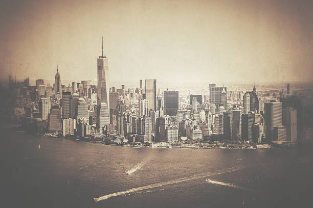 New York skyline - Aerial view - Vintage effect added.