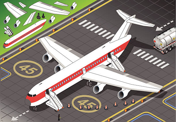 ilustraciones, imágenes clip art, dibujos animados e iconos de stock de isométricos blanco avión desembarcado en vista de frente - landed airplane travel commercial airplane