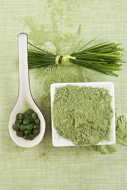 green superfood. - wheatgrass nutritional supplement antioxidant grass stock-fotos und bilder