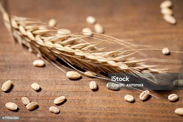 Close Up Of Wheat Seed On Old Wooden Table Stock Photo - Download Image Now - 2015, Agriculture, Backgrounds