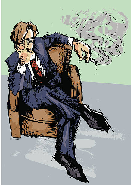 Business guy Suit and tie business man sitting on his armchair smokes a cigarette as he thinks of money. smoke signal stock illustrations
