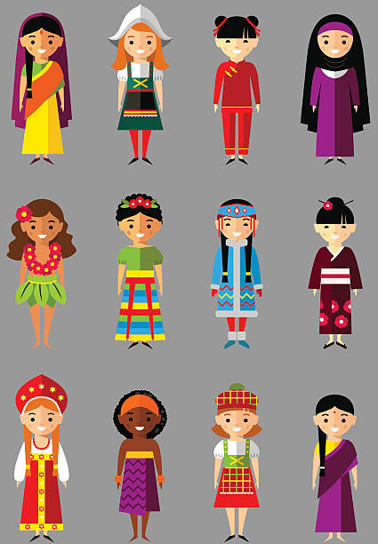 illustrazioni stock, clip art, cartoni animati e icone di tendenza di vettoriale illustrazione di multiculturale di bambini, le persone in costumi tradizionali - indian ethnicity ethnic indigenous culture indian culture