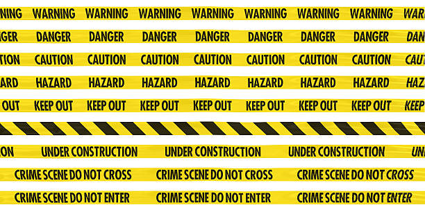 Yellow Barrier Tape Line Collection: Warning/Danger/Caution/Hazard/Keep Out/Striped/Under Construction/Crime Scene Collection of yellow barrier tape line variants rendered in 3D with reflection and isolated on white for easy clipping. police tape stock pictures, royalty-free photos & images