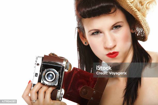 Pretty Retro Girl In Hat With Vintage Camera Stock Photo - Download Image Now - 1950-1959, Adult, Adults Only