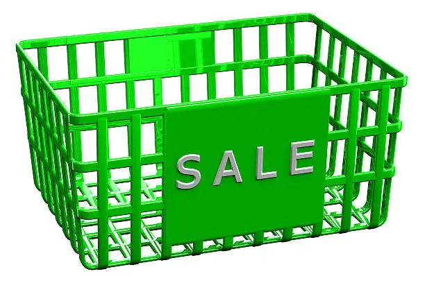 Green shopping basket with word sale, isolated on white background. 3D render.