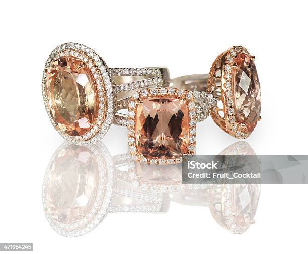 Set Of Three Diamond And Pink Gemstone Fashion Engagment Rings Stock Photo - Download Image Now