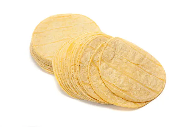 A stack of corn tortillas on a white background