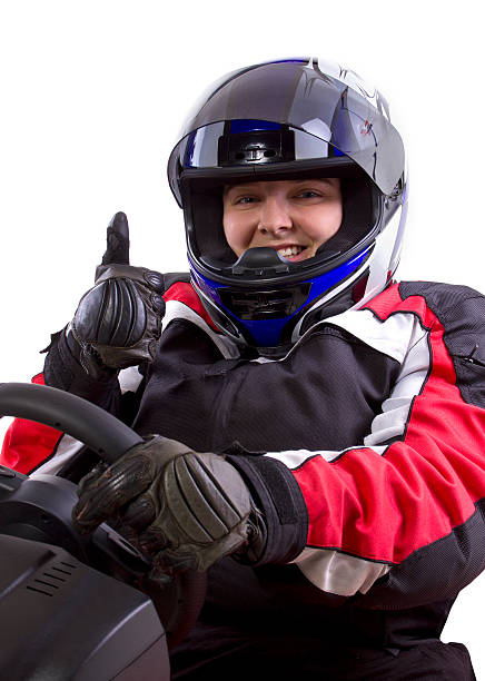 istock Female Racer Wearing a Helmet on a White Background 471956561