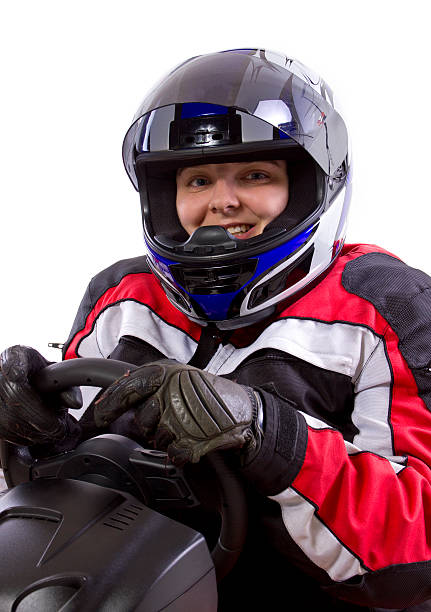 istock Female Racer Wearing a Helmet on a White Background 471956691