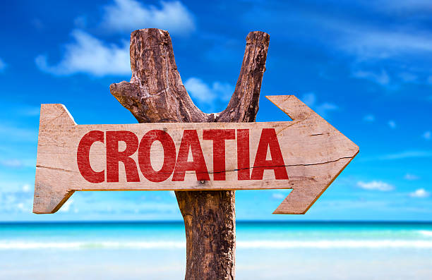 istock Croatia wooden sign with a beach on background 471957236