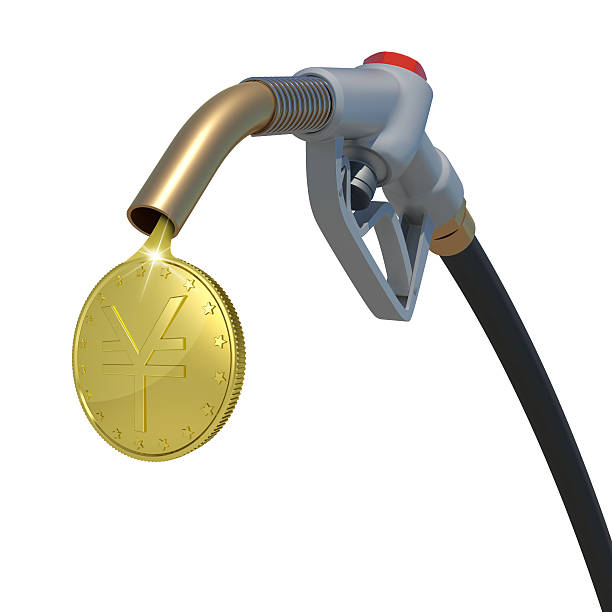 istock Gold yen coin flowing from fuel nozzle 471957358