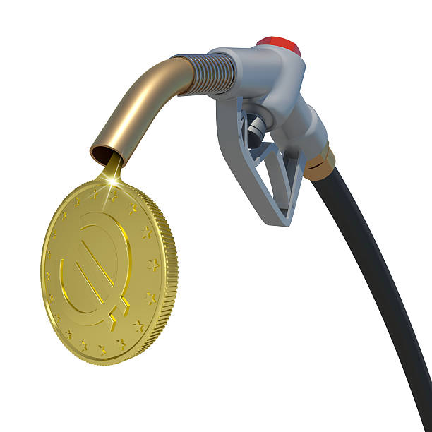 istock Gold euro coin flowing from fuel nozzle 471957360