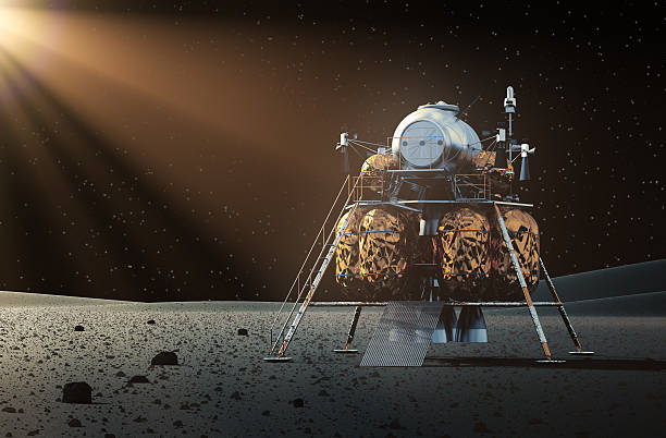 Lunar lander on surface of moon with beam of light shining Lunar Lander On The Moon. 3D Scene. lander spacecraft stock pictures, royalty-free photos & images