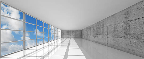 Empty white open space interior with windows, 3d Abstract modern architecture background, empty white open space interior with windows and gray concrete walls, 3d illustration with blue sky background image created 21st century blue architecture wide angle lens stock pictures, royalty-free photos & images