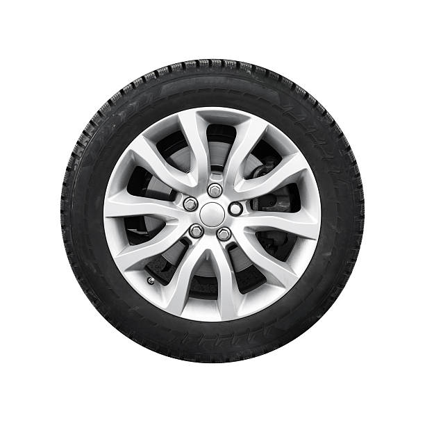 new shiny automotive wheel on light alloy disc isolated - wiel stockfoto's en -beelden