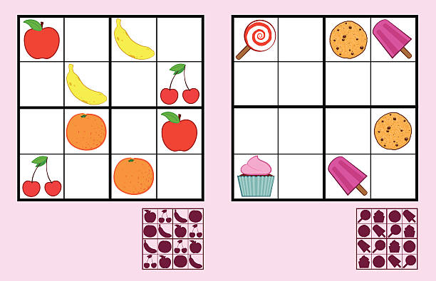 bildbanksillustrationer, clip art samt tecknat material och ikoner med childrens sudoku puzzle with sweets nuts and fruit - sudoku