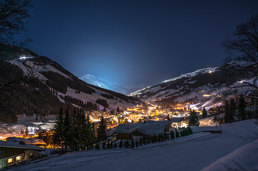 Night shot of austrian skiing centre Saalbach. 