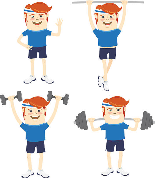 ilustrações de stock, clip art, desenhos animados e ícones de conjunto de hipster engraçado desportista fazendo exercícios. flat style - health club gym young men dumbbell